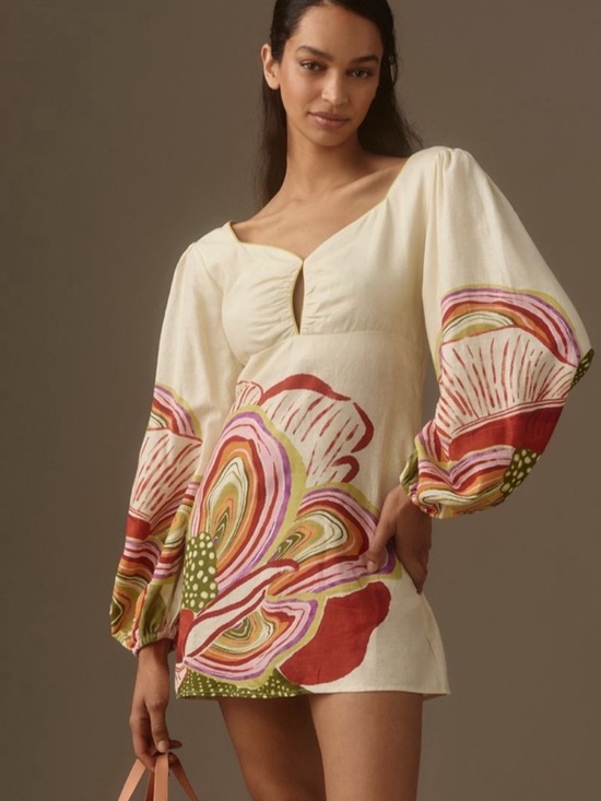 Anthropologie Tops - Anthropologie Cream Tunic with Bold Multi-Color Floral Print